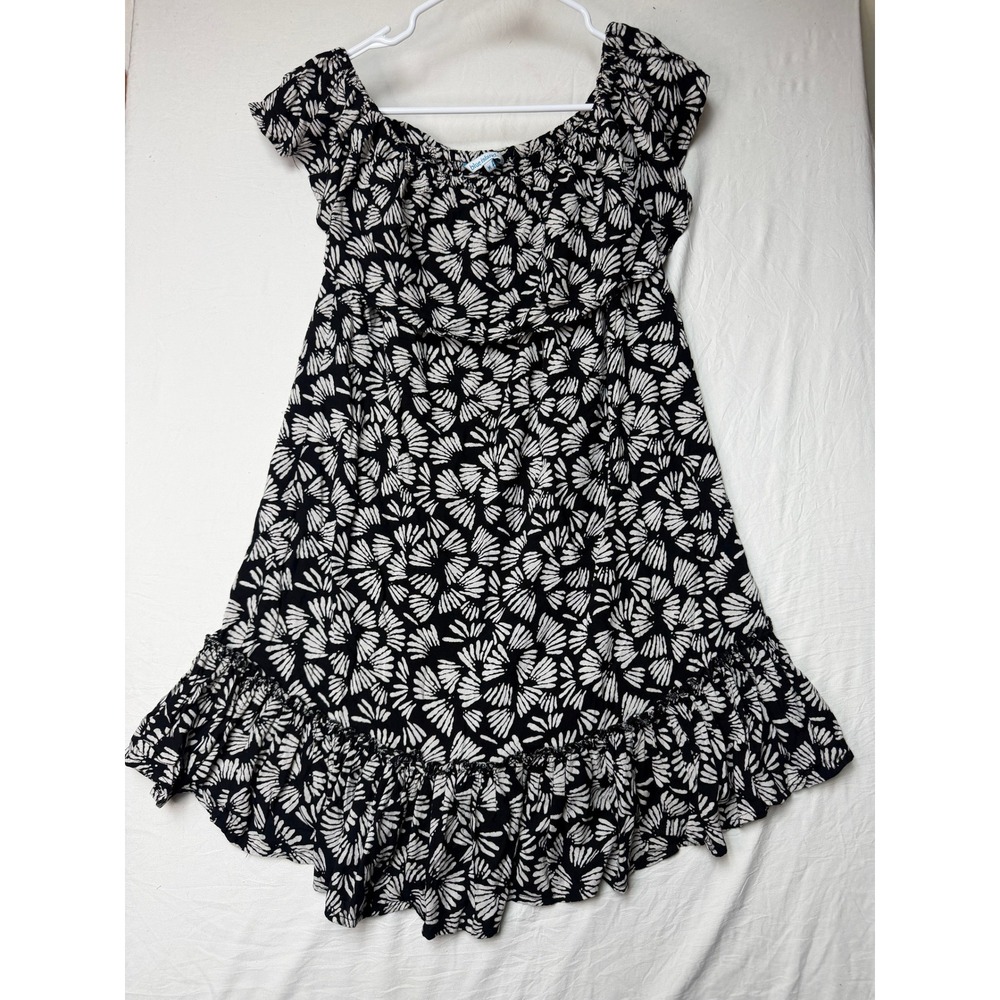 Blue Island Women Black White Tropical Fan Print Ruffle Off Shoulder Mini Dress